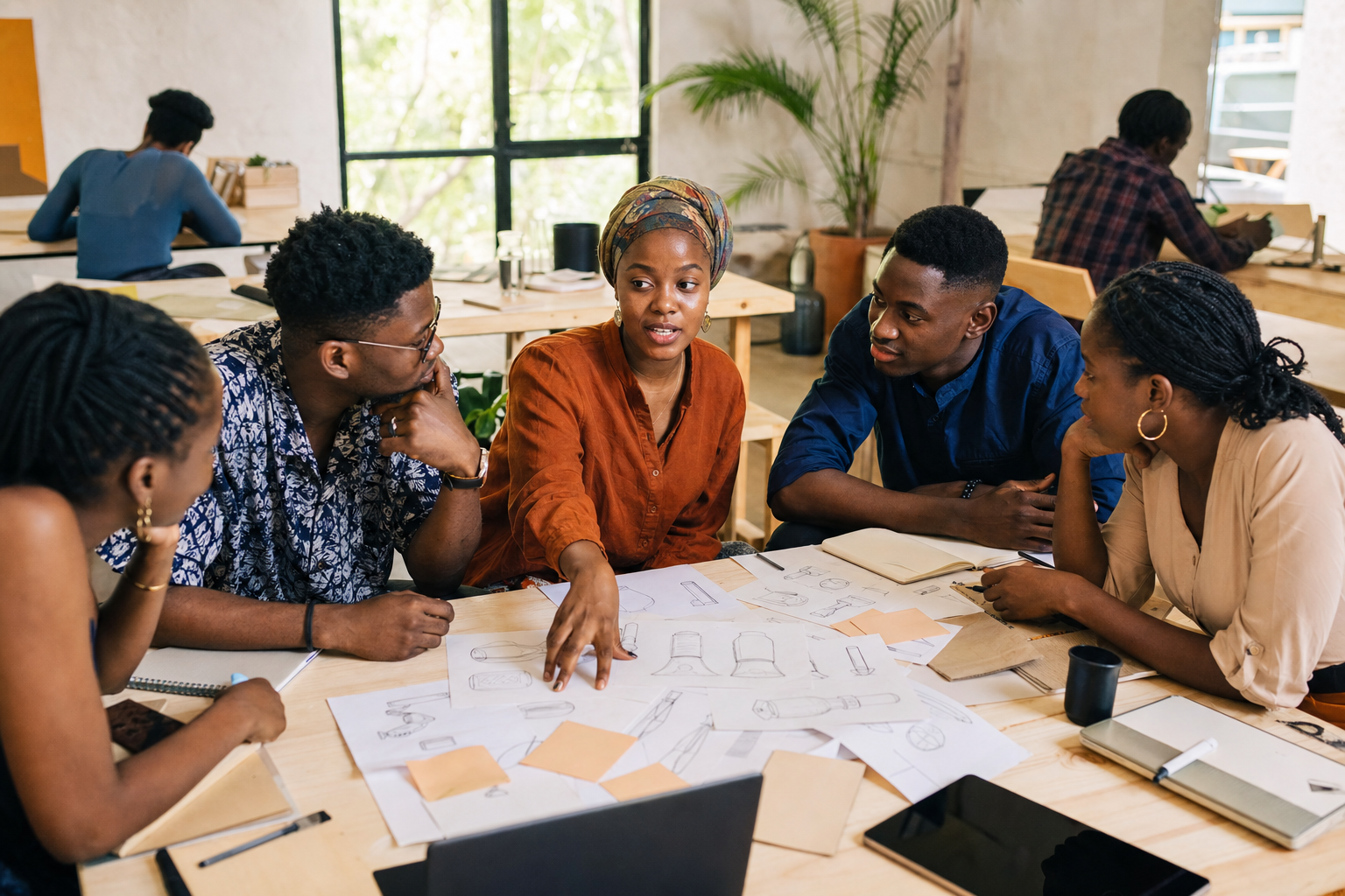 Nigerian young adults sharing product sketches and ideas around a design table in a bright studio.