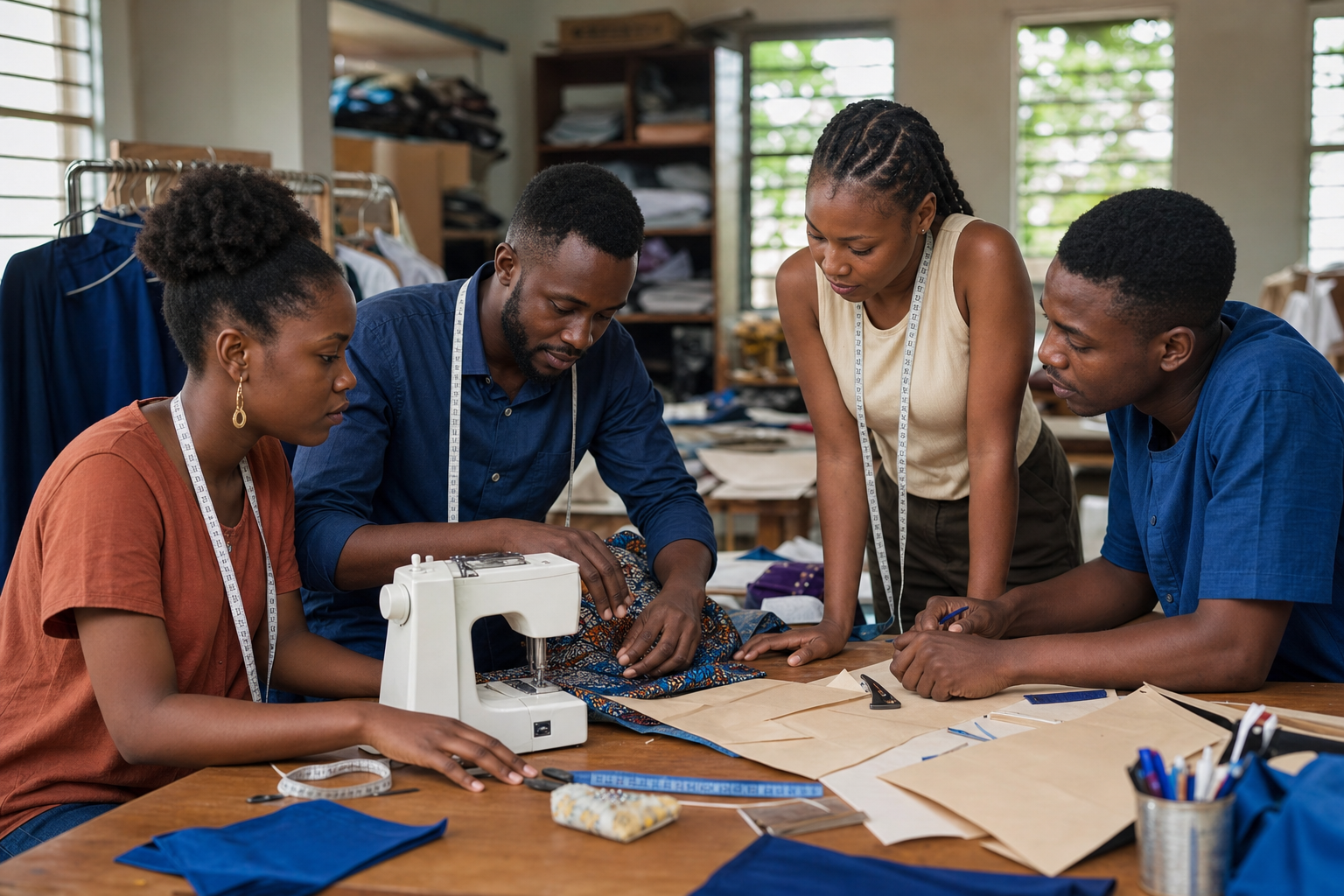 Nigerian young adults learning garment-making techniques around a table with fabric, pattern paper, and a sewing machine.