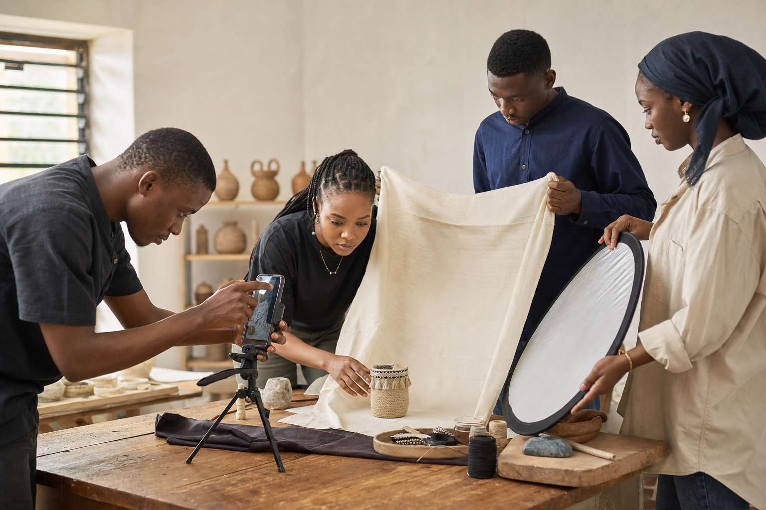 Nigerian young adults practising product photography with a smartphone, tripod, reflector, and handmade item.