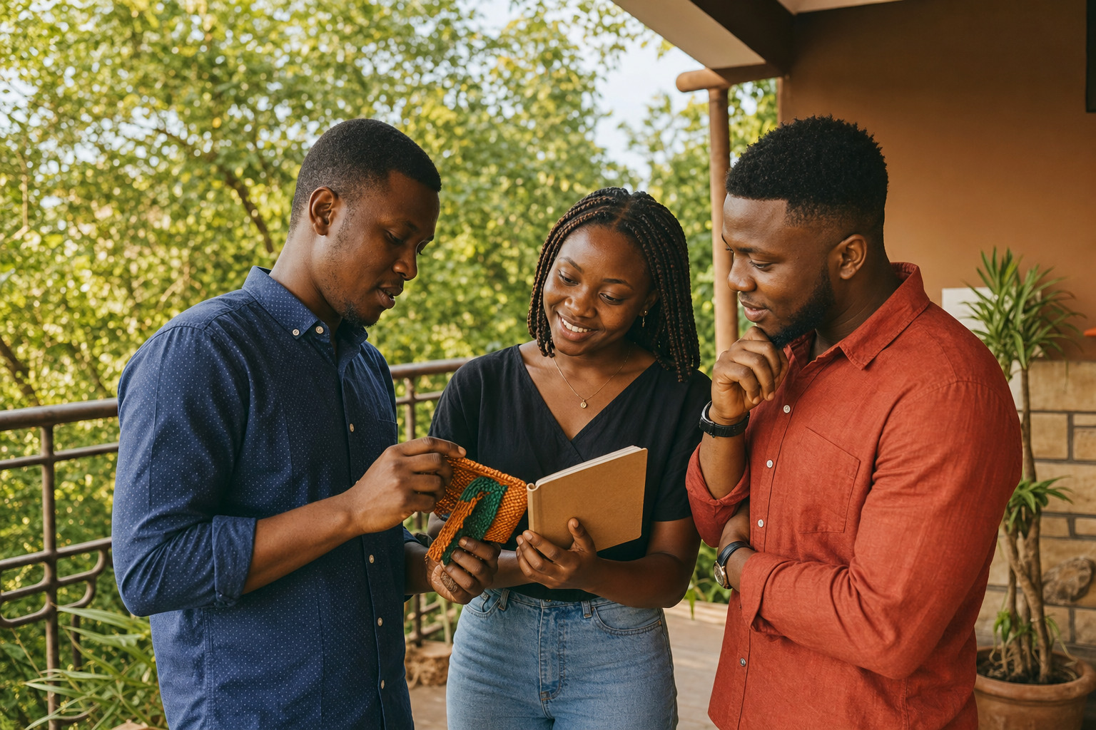 Three Nigerian young adults examining a hand-crafted sample and notebook together on a shaded outdoor terrace.